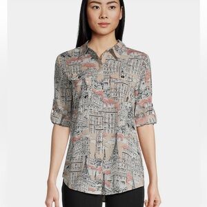 Karl Lagerfeld Beige Button-Up Shirt with Abstract Red and Black Pattern